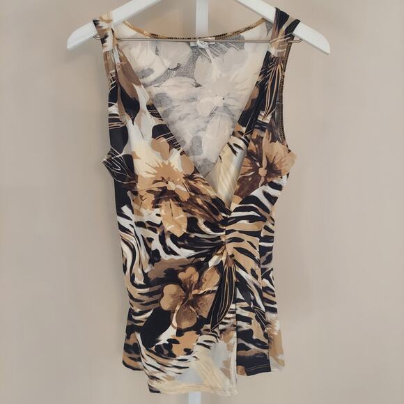 Cache Sleeveless Y2K Top Faux Wrap Animal Print Floral Neutrals Going Out - Picture 1 of 8